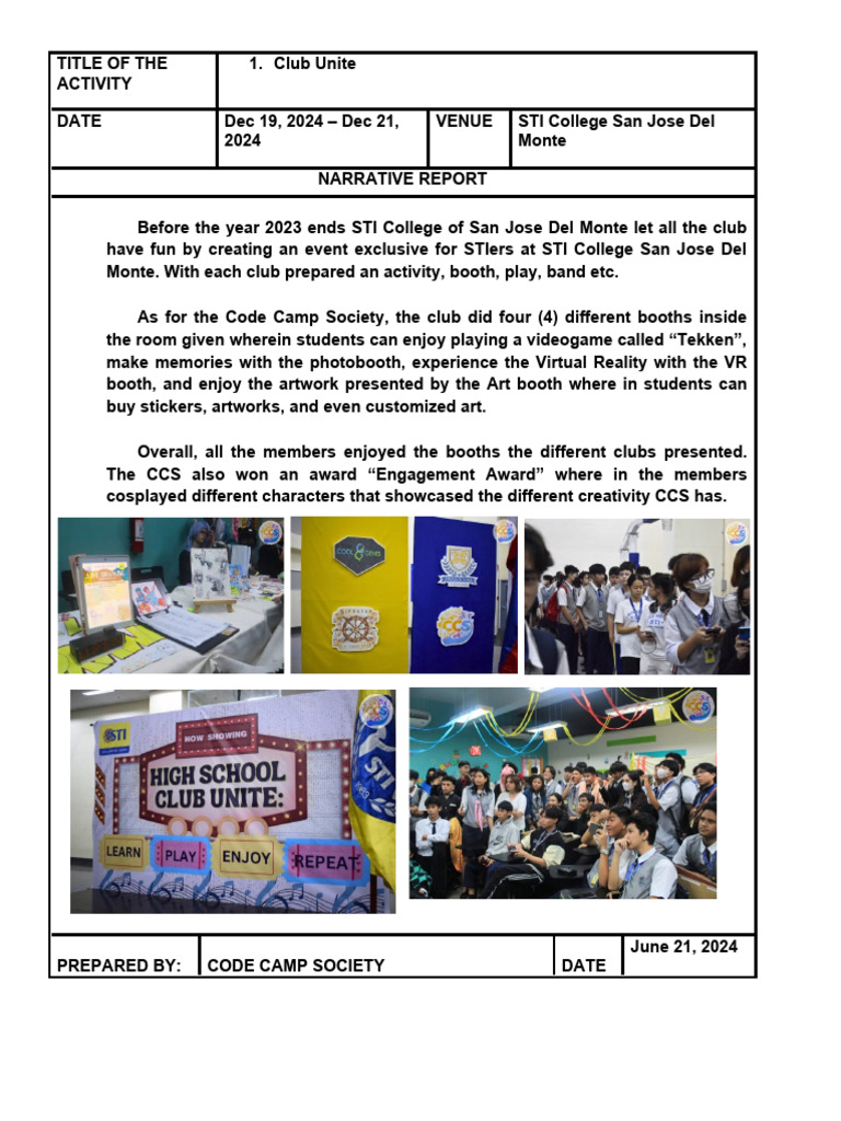 STI College SJDM Club Activities Report | PDF
