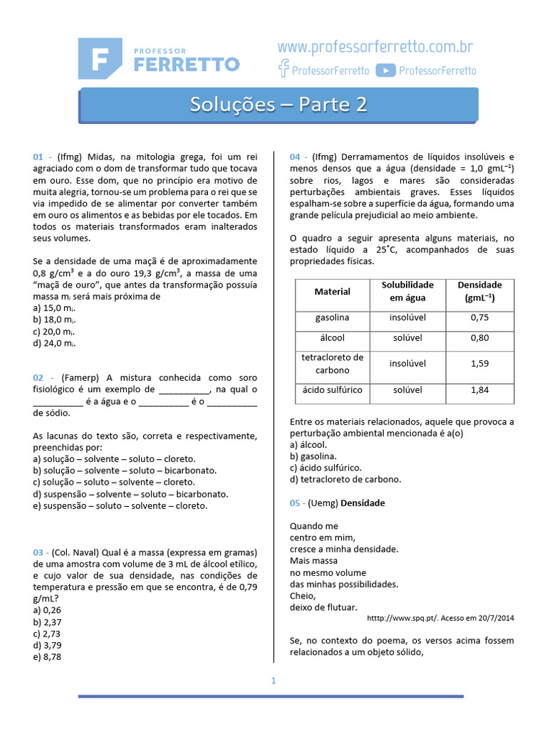 Questões sobre Densidade e Soluções | PDF | Concentração | Solubilidade