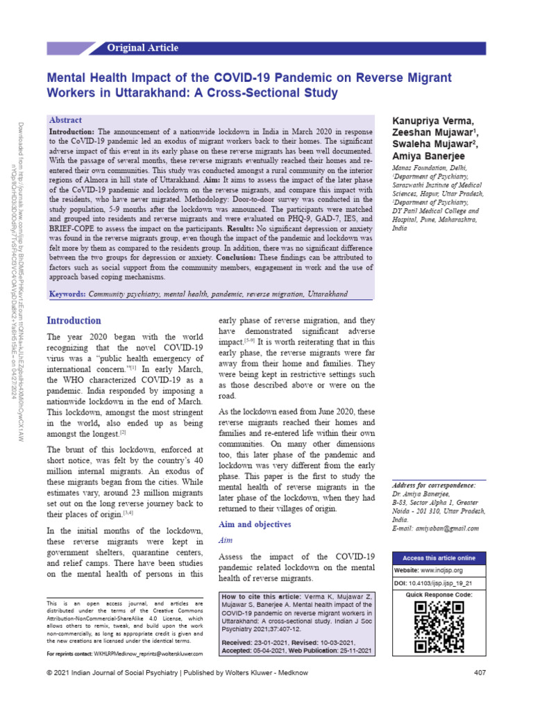 Mental Health Impact of The Covid 19 Pandemic On.14 | PDF | Mental ...