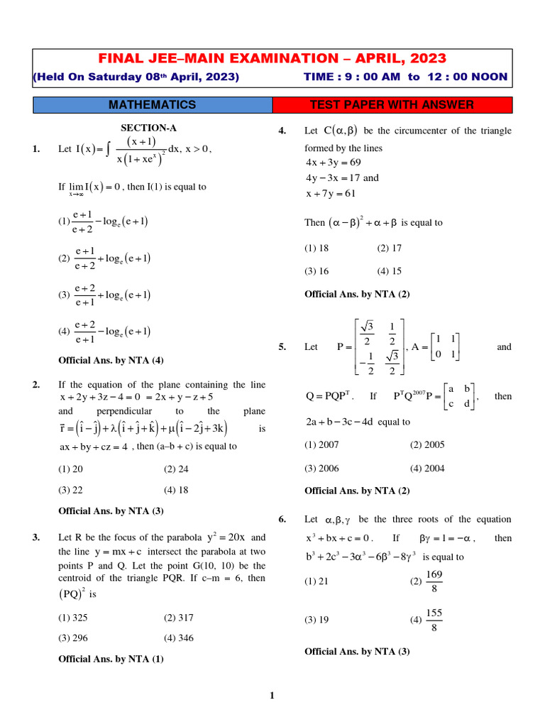 JEE Mains 2023 Shift 1 Question Paper 8 Apr With Solutions PDF | PDF ...