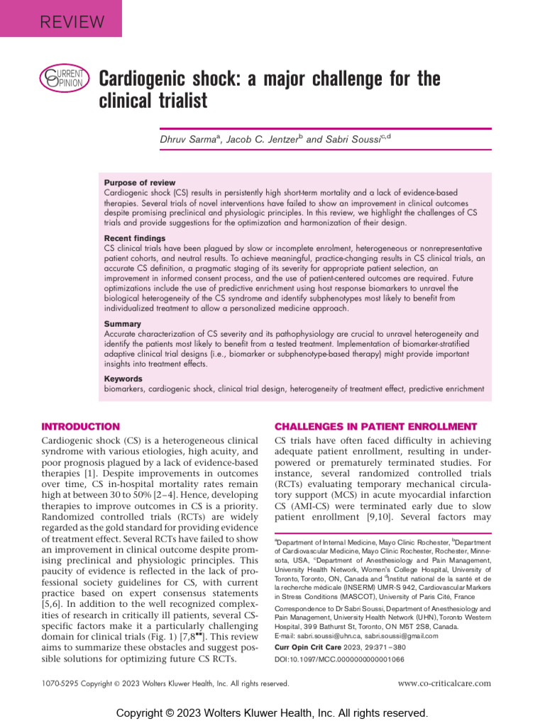 Cardiogenic Shock A Major Challenge For The Clinical Trialist | PDF ...