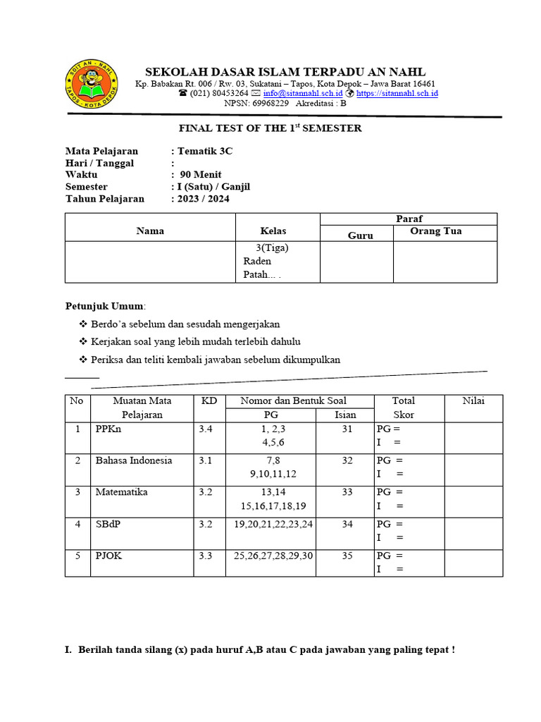 Final Test Tematik 3c-1 | PDF