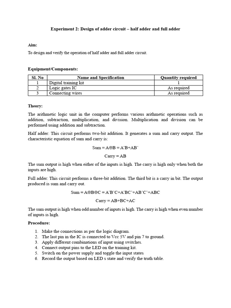 Expt 2 Design of Adder - Half Adder and Full Adder | PDF | Logic Gate ...