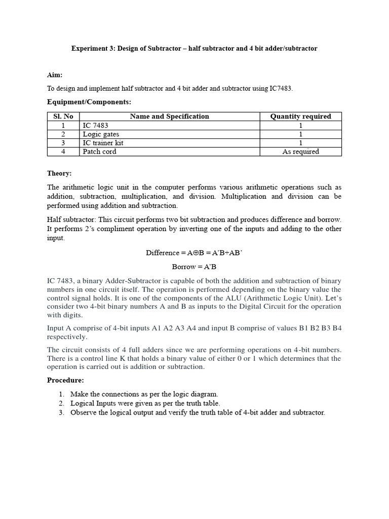 Expt 3 Design of Subtractor - Half Subtractor and 4 Bit Adder ...