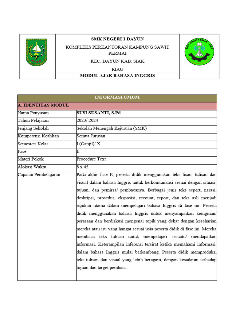 Modul Ajar Procedure Text | PDF