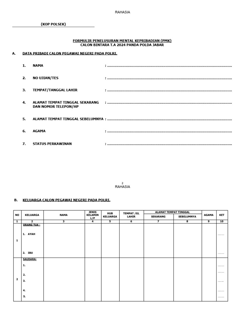 Formulir PMK Calon Bintara 2024 | PDF