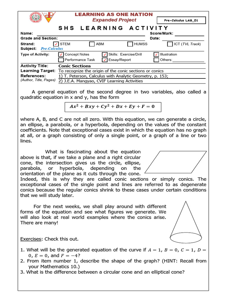 Pre calculus las 1 conic sections pdf