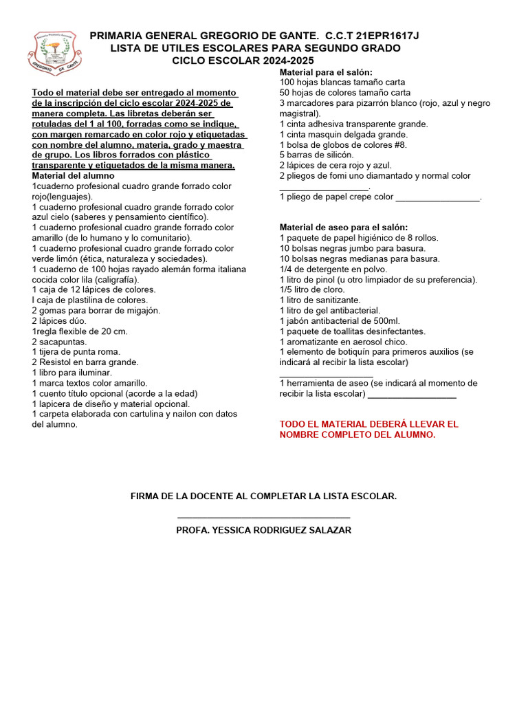 Lista de Útiles Escolares 2° Grado 2024-2025 | PDF | Papelería