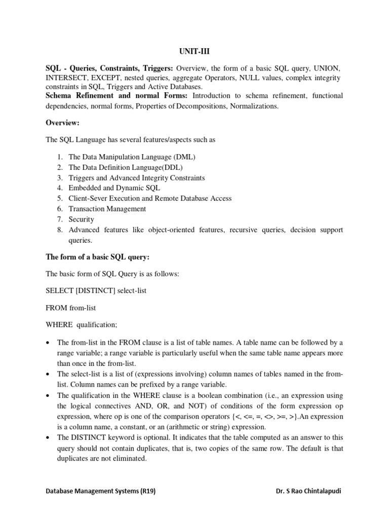 UNIT-III Lecture Notes | PDF | Sql | Databases
