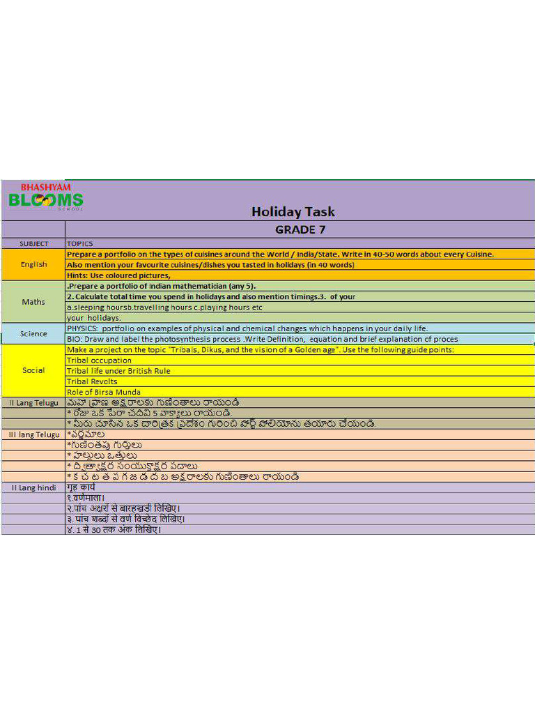 G 7 Holiday Task | PDF