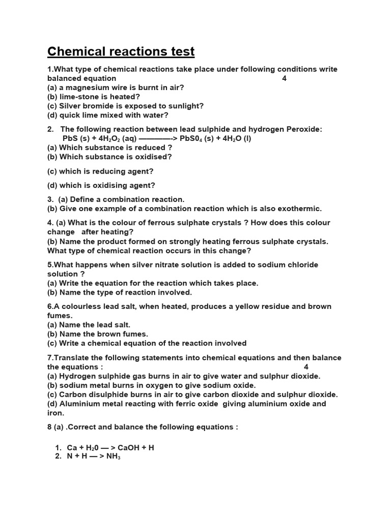 Chemical Reactions Test Class 10 | PDF | Chemical Reactions | Oxide
