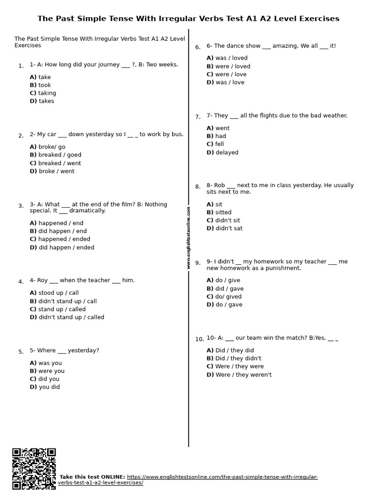 The Past Simple Tense With Irregular Verbs Test A1 A2 Level Exercises ...
