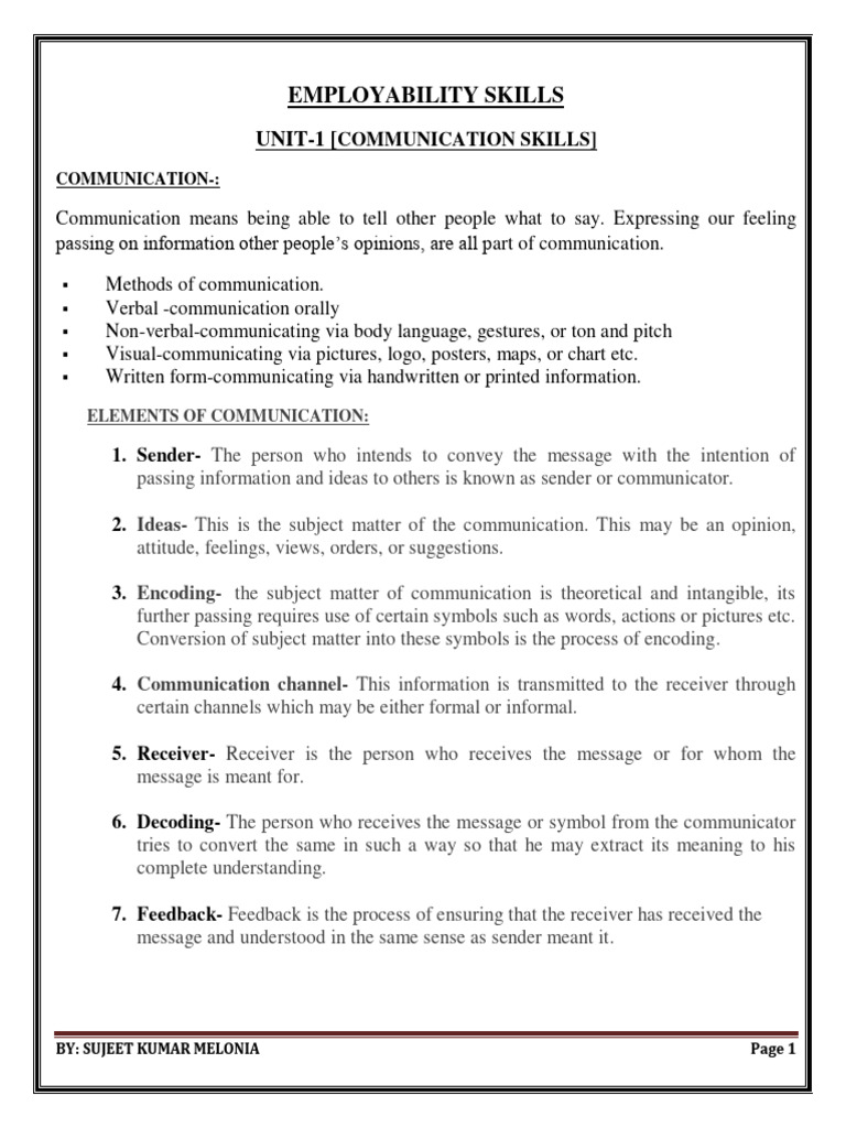 Unit 1: Communication Skills Overview | PDF | Communication | Nonverbal ...