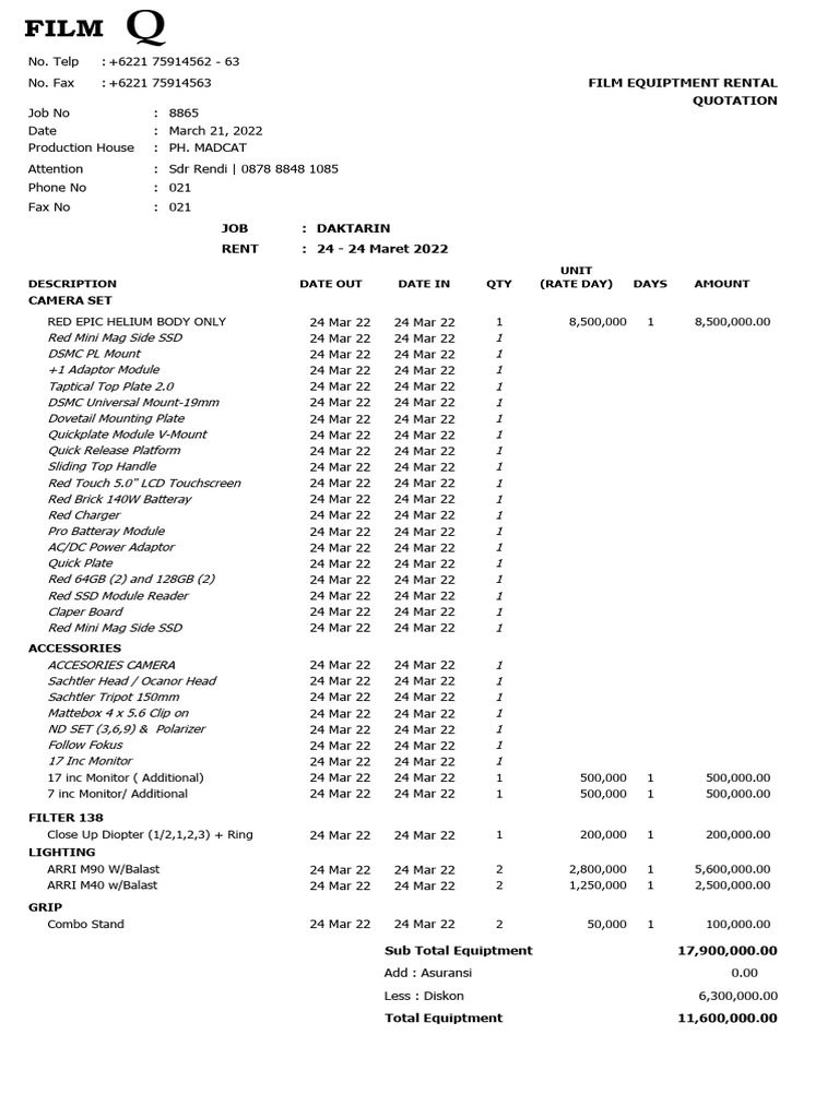 Film Equipment Rental Quotation 2022 | PDF | Optical Devices ...