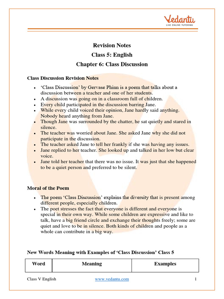 Class Discussion Class 5 Notes CBSE English Chapter 6 (PDF) | PDF ...