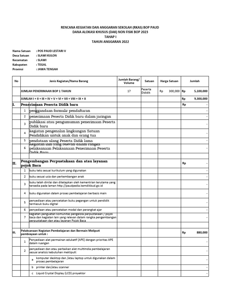 RKAS BOP PAUD 2025: Contoh dan Format | PDF