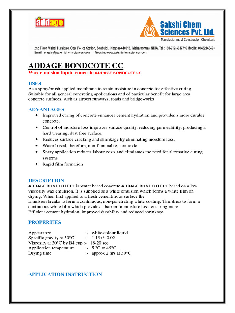Addage Bondcote CC Curing Compound | PDF | Concrete | Cement