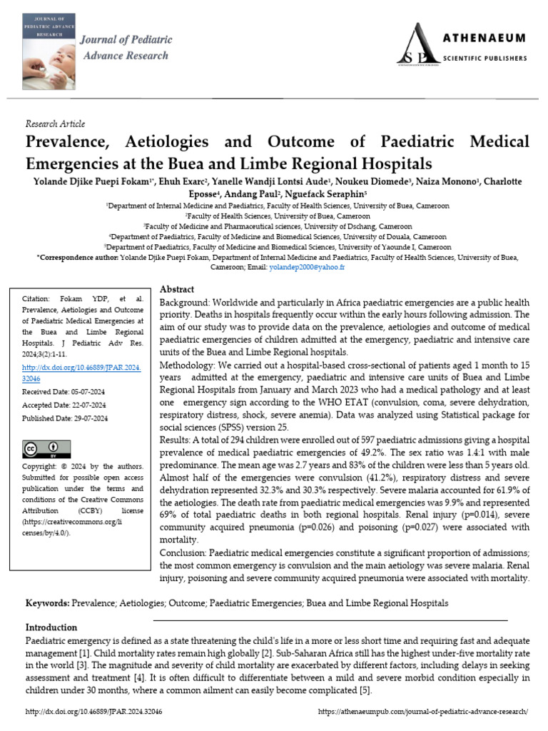 Prevalence Aetiologies and Outcome of Paediatric Medical Emergencies at ...