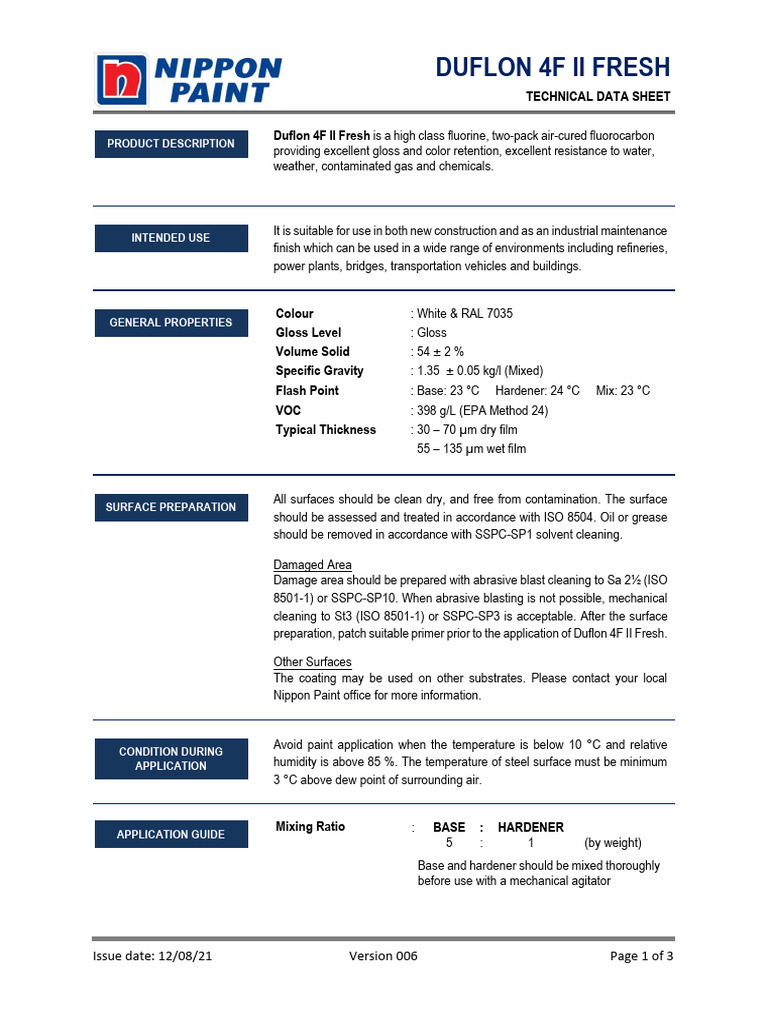Duflon 4F II Fresh - REV 006 TDS - 12 Aug 21 | PDF | Paint | Materials