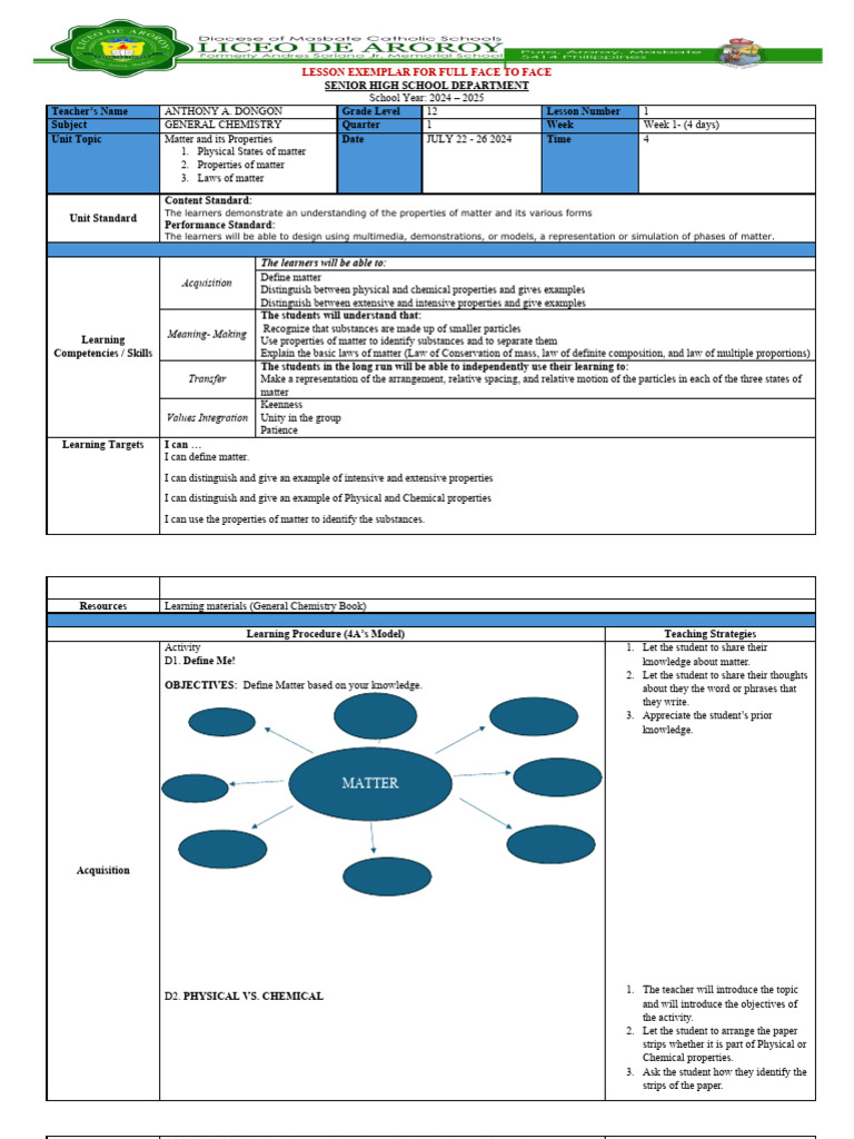 General Chemistry 1 Quarter 1 Week 1 Lesson Exemplar Pdf Matter
