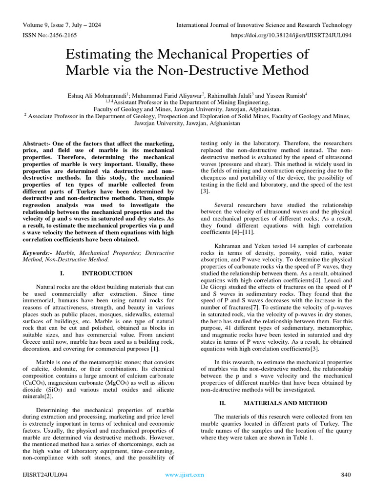 Estimating The Mechanical Properties of Marble Via The Non-Destructive ...