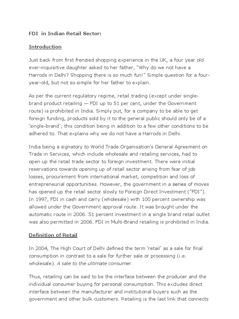 FDI in Indian Retail Sector | PDF | Foreign Direct Investment | Retail