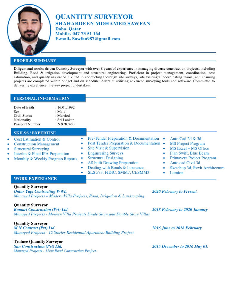 Quantity Surveyor CV of Shahabdeen Sawfan | PDF | Feasibility Study ...