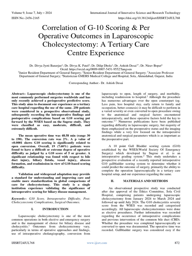 Correlation Of G 10 Scoring Per Operative Outcomes In Laparoscopic