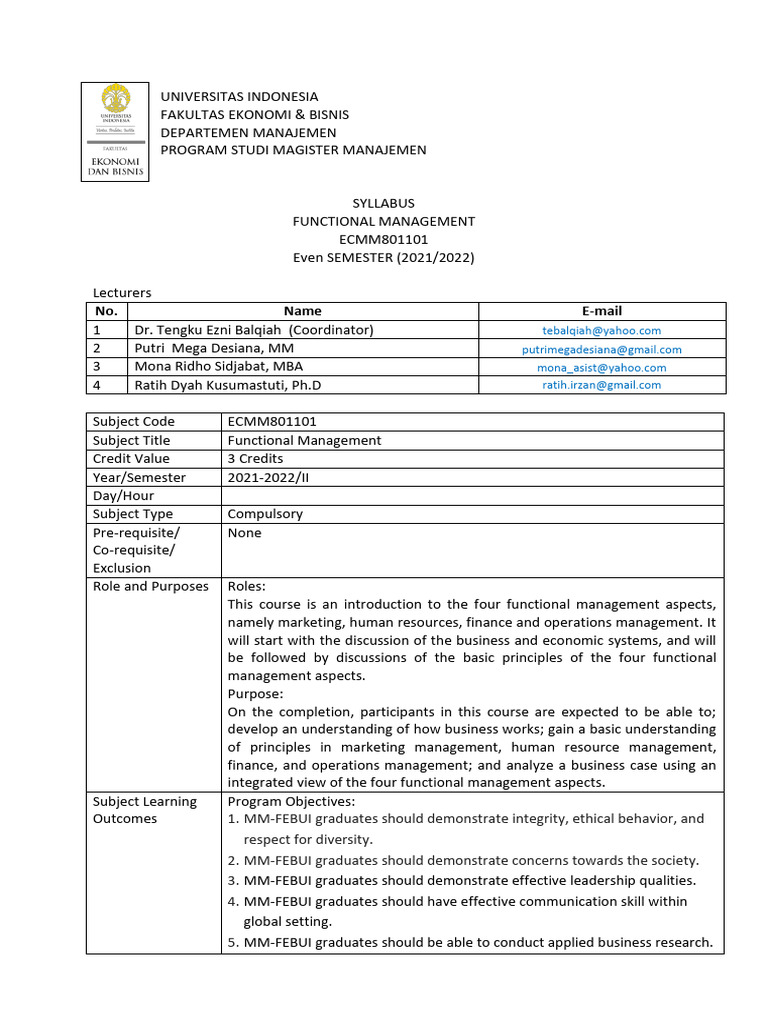 Functional Management Syllabus 2021-2022 | PDF | Marketing | Human ...