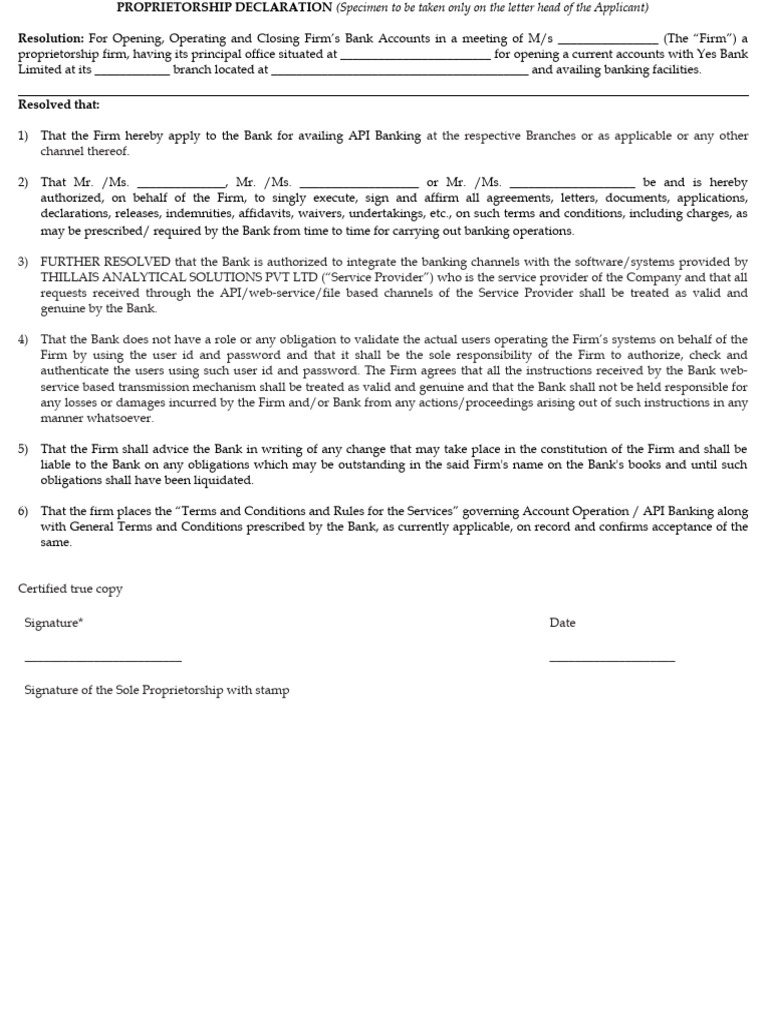 Proprietorship Bank Account Resolution | PDF | Banks | Contractual Term