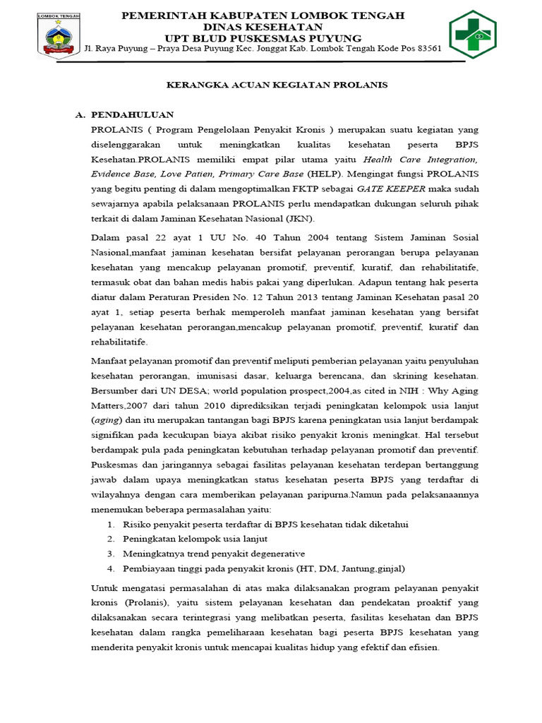 Kerangka Acuan Program PROLANIS BPJS | PDF