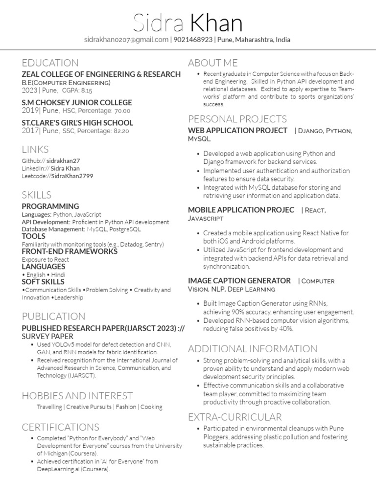 Sidra Khan: Computer Engineer Resume | PDF | Databases | World Wide Web