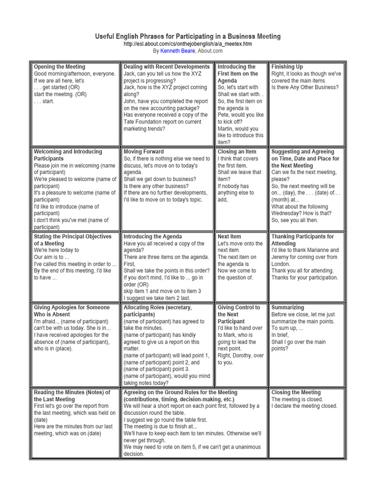 Business Meeting English Phrases | PDF | Language Arts & Discipline