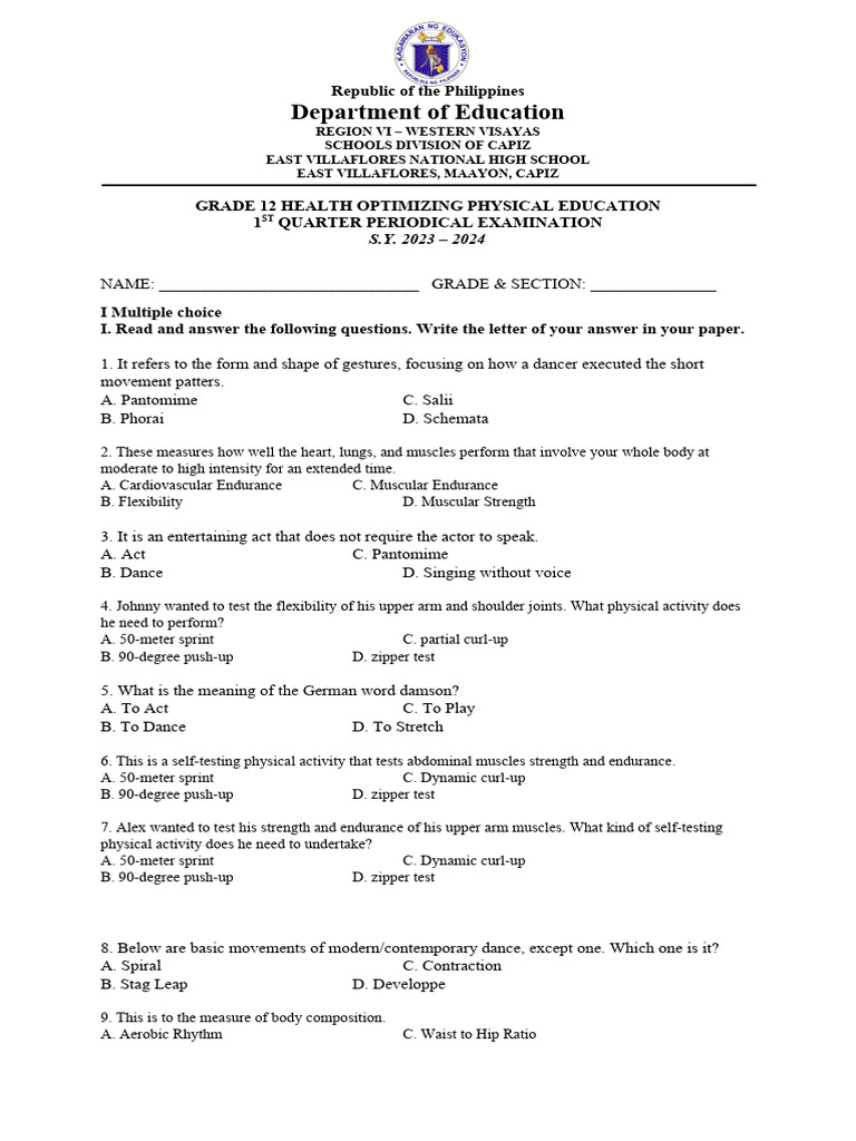Grade 12 HOPE 1st Quarter Exam | PDF | Dances | Ballet
