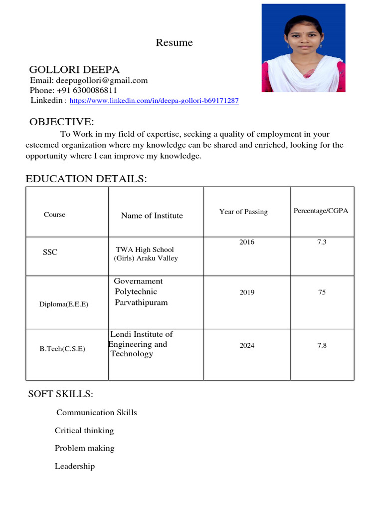 Gollori Deepa's Professional Resume | PDF | Career & Growth