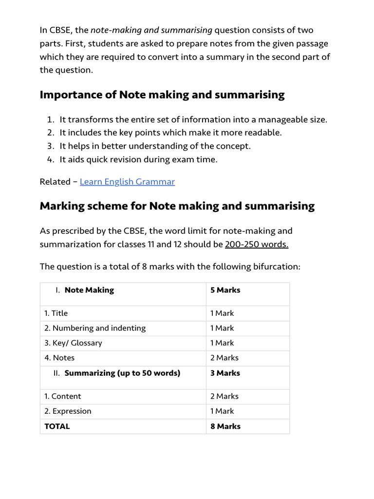 Note Making Class 11 Examples