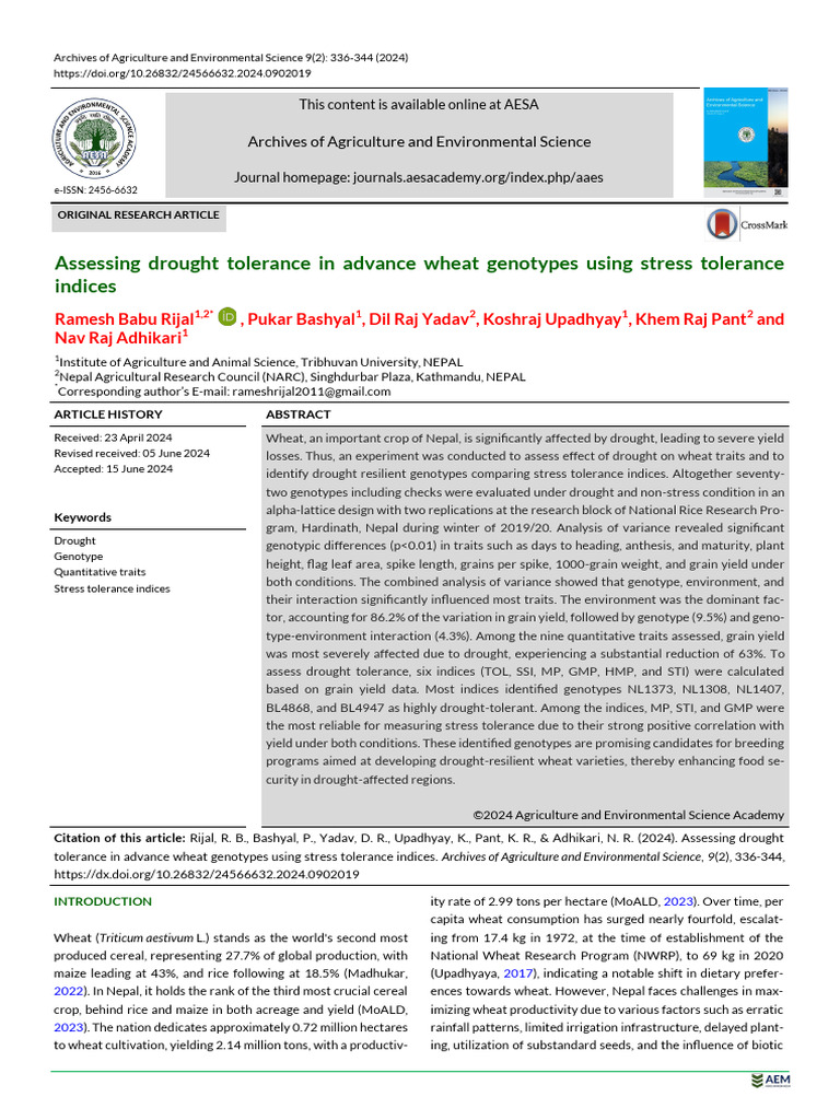Drought Tolerance in Wheat Genotypes | PDF | Drought | Agriculture