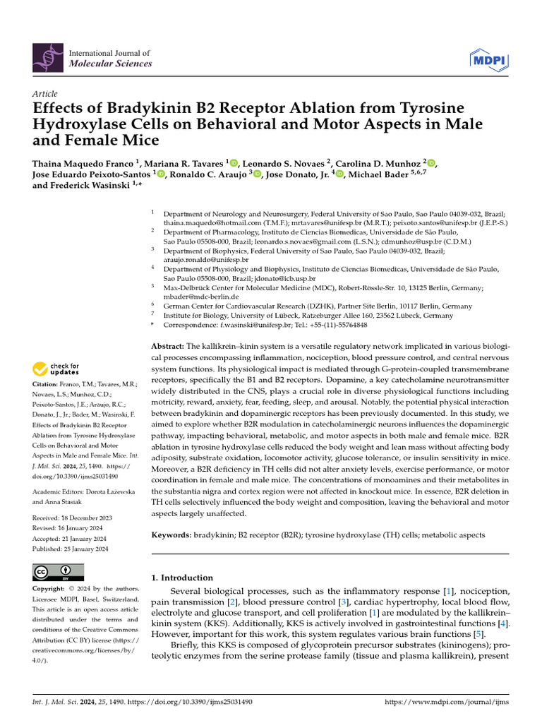 Effects of bradykinin b2 receptor ablation from tyrosine hydroxylase