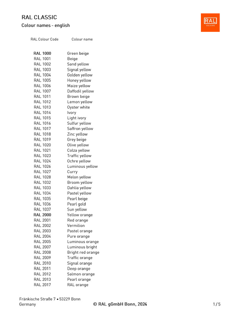 Ral Classic Colour Names en | PDF