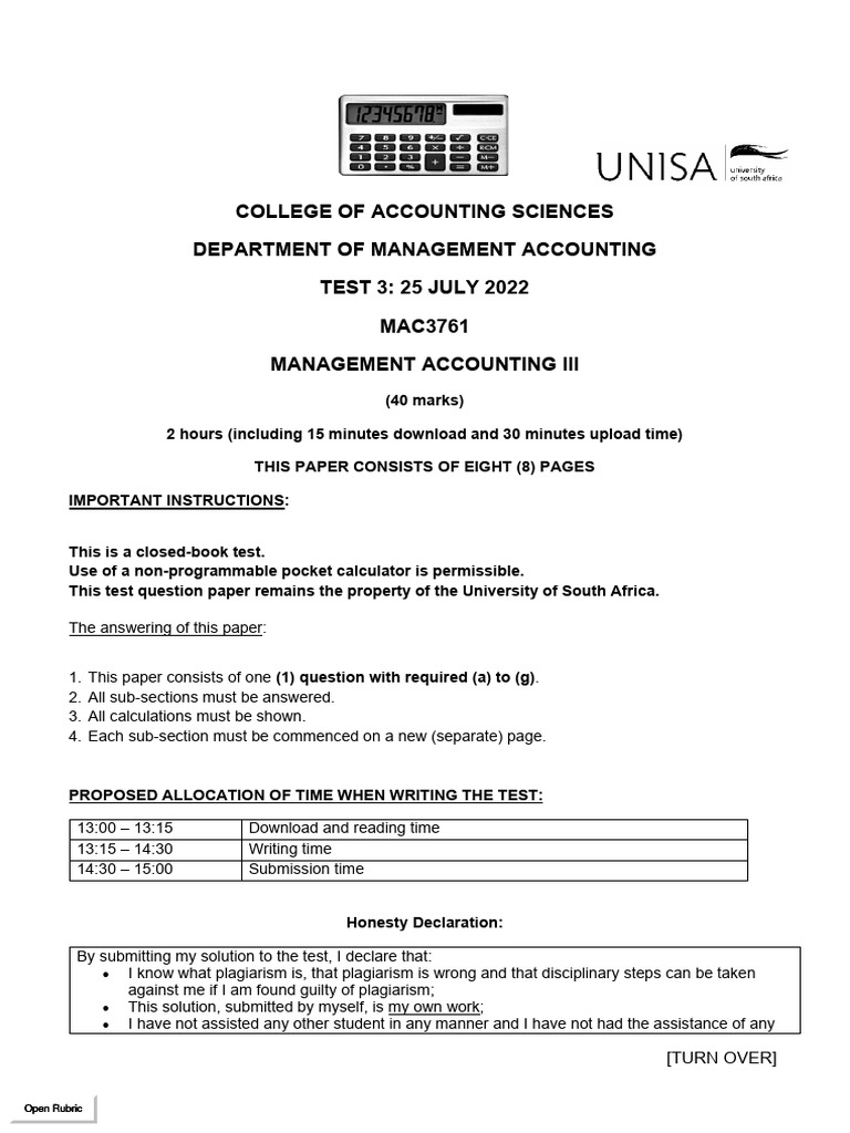 MAC3761 Management Accounting Test Guide | PDF | Expense | Juice