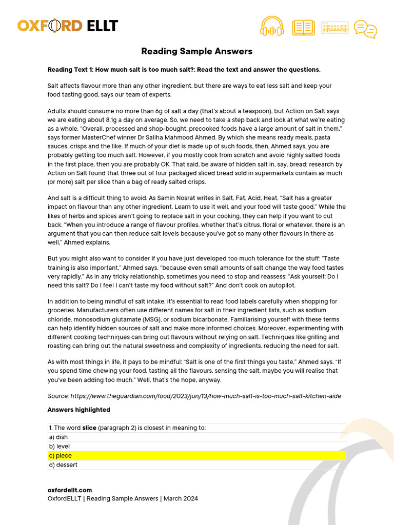 OxfordELLT - Reading - Sample 1 ANSWERS APR24a | PDF | Salt | Taste
