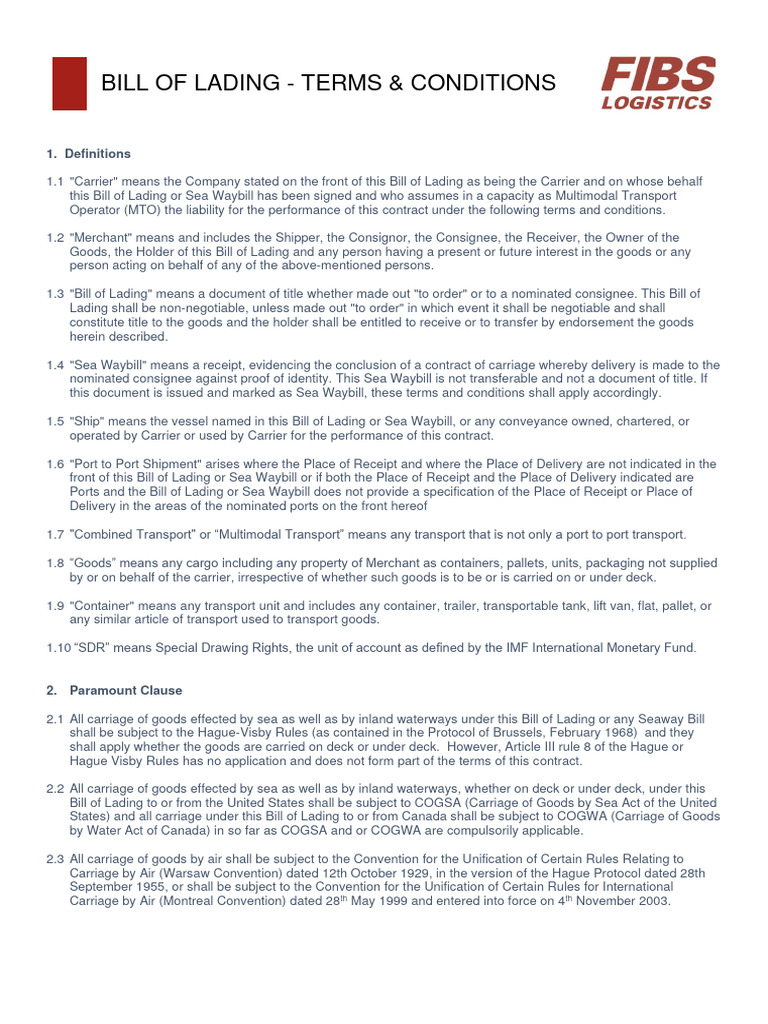 FIBS Bill of Lading Terms and Conditions Updated 2024 | PDF | Bill Of ...