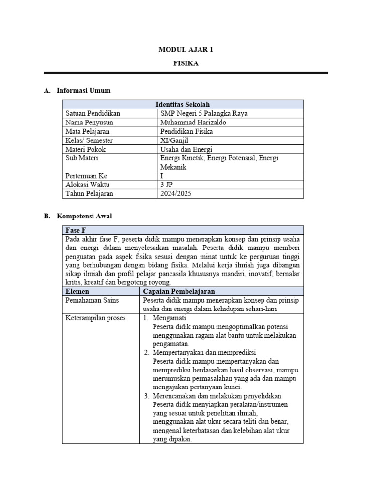 Modul Ajar Fisika: Energi dan Usaha | PDF | Karier & Perkembangan
