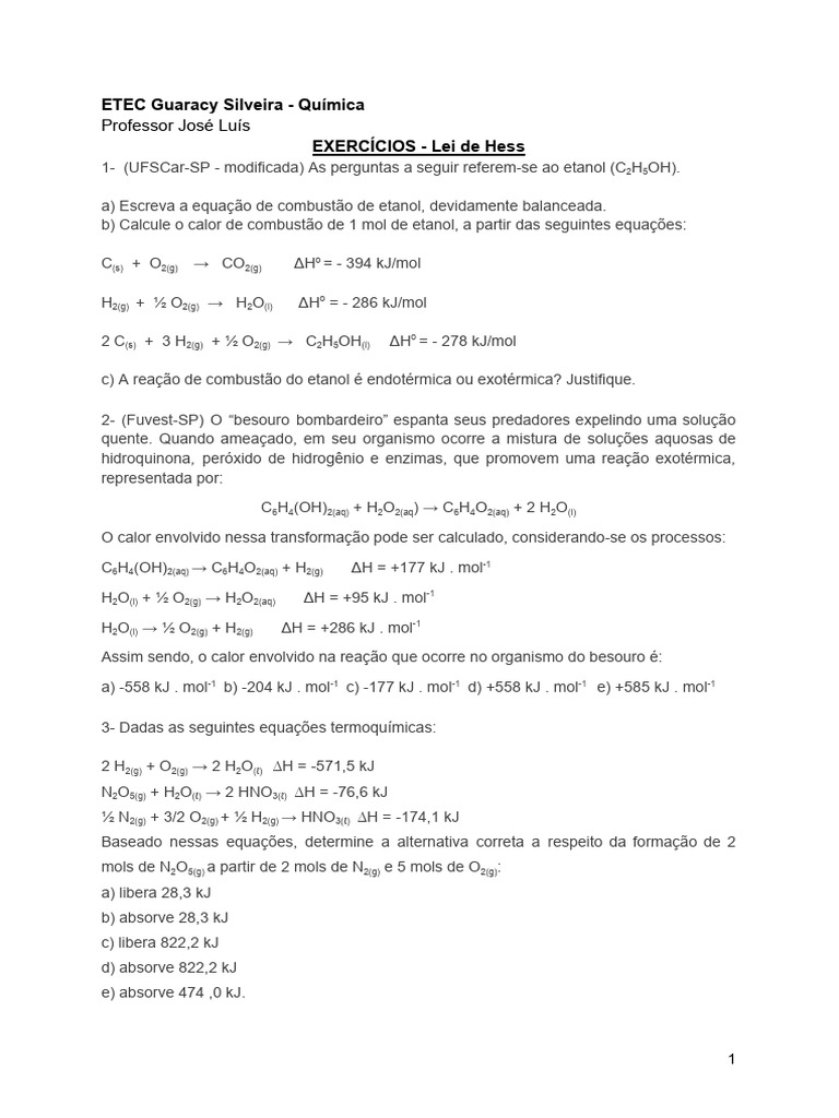 Exercícios - Termoquímica - Lei de Hess | PDF | Entalpia | Reações químicas
