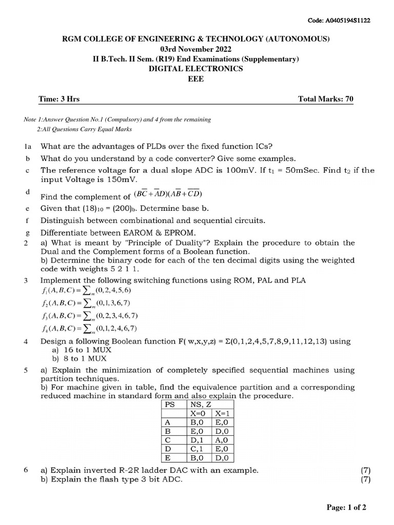 RGM Engineering Digital Electronics Exams | PDF | Electrical ...