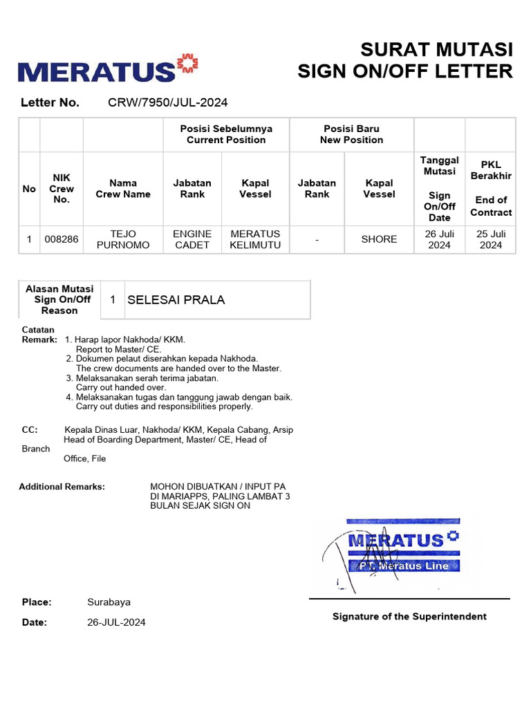 Surat Mutasi Turun FAUZAN | PDF