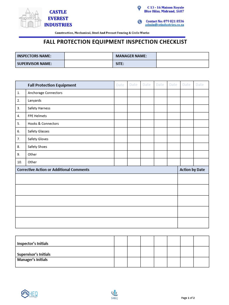 Fall Protection Equipment Checklist | PDF