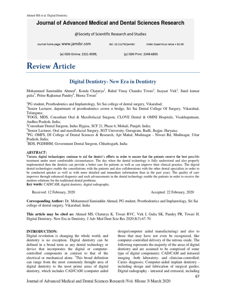 Eview Rticle: Journal of Advanced Medical and Dental Sciences Research ...
