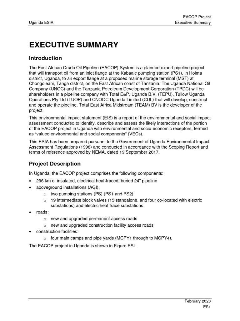 EACOP Uganda ESIA Executive Summary | PDF | Environmental Impact ...