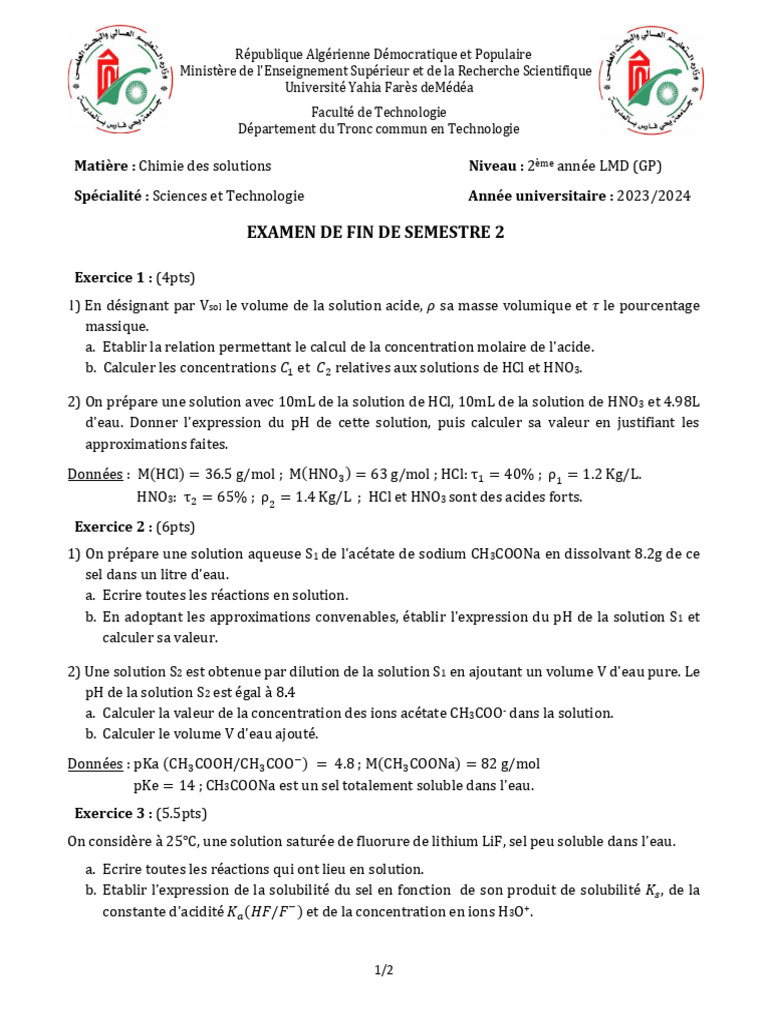 Examen Chimie des Solutions S2 2023/2024 | PDF | Concentration molaire | Ph